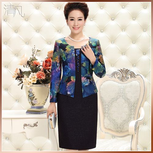 清凡高檔婚禮媽媽裝連衣裙長袖春裝新款時尚藍色假兩件結婚禮服裝產品